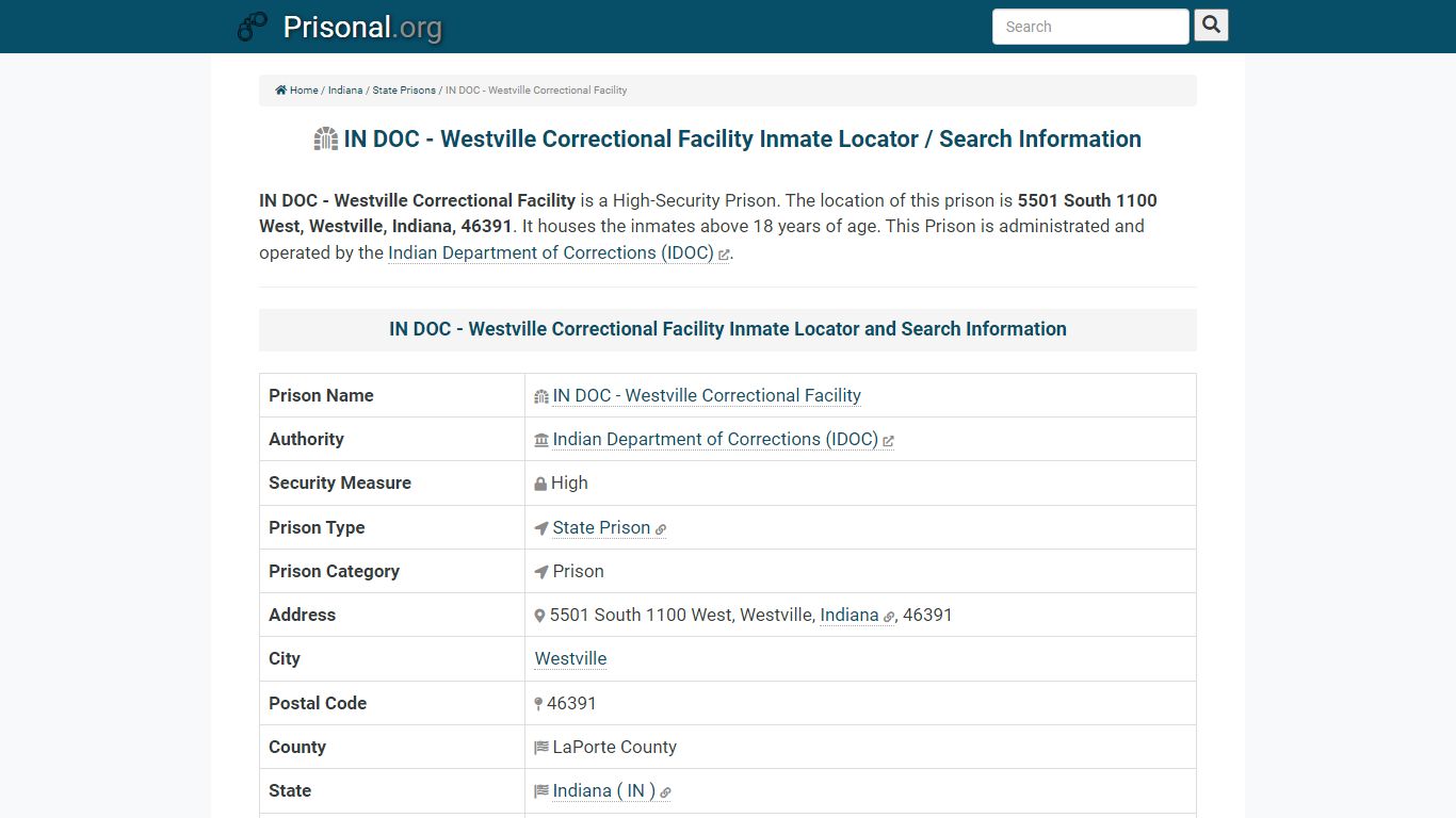 IN DOC - Westville Correctional Facility-Inmate Locator ...