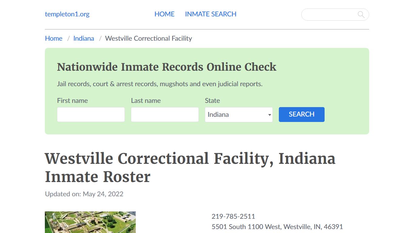 Westville Correctional Facility, Indiana Inmate Booking